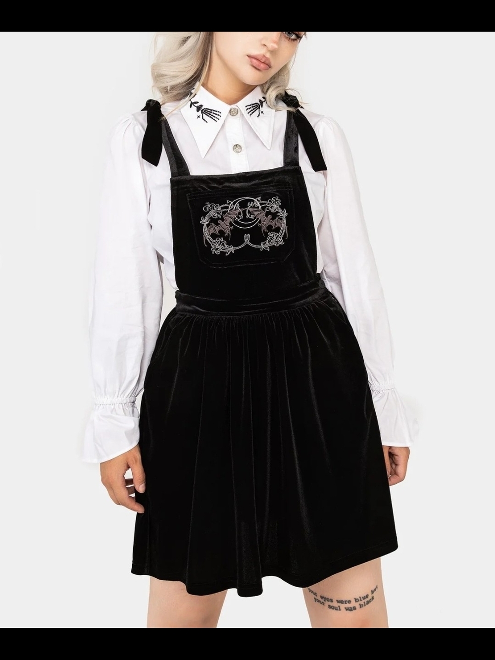 DISTURBIA Black Velvet Pinafore Dress with Embroidered Bib